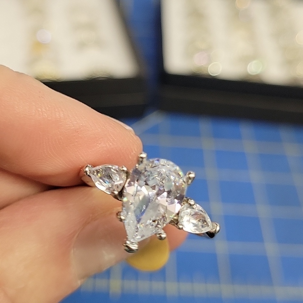 Tear Drop Diamond Faux Silver Tone Ring Size 10